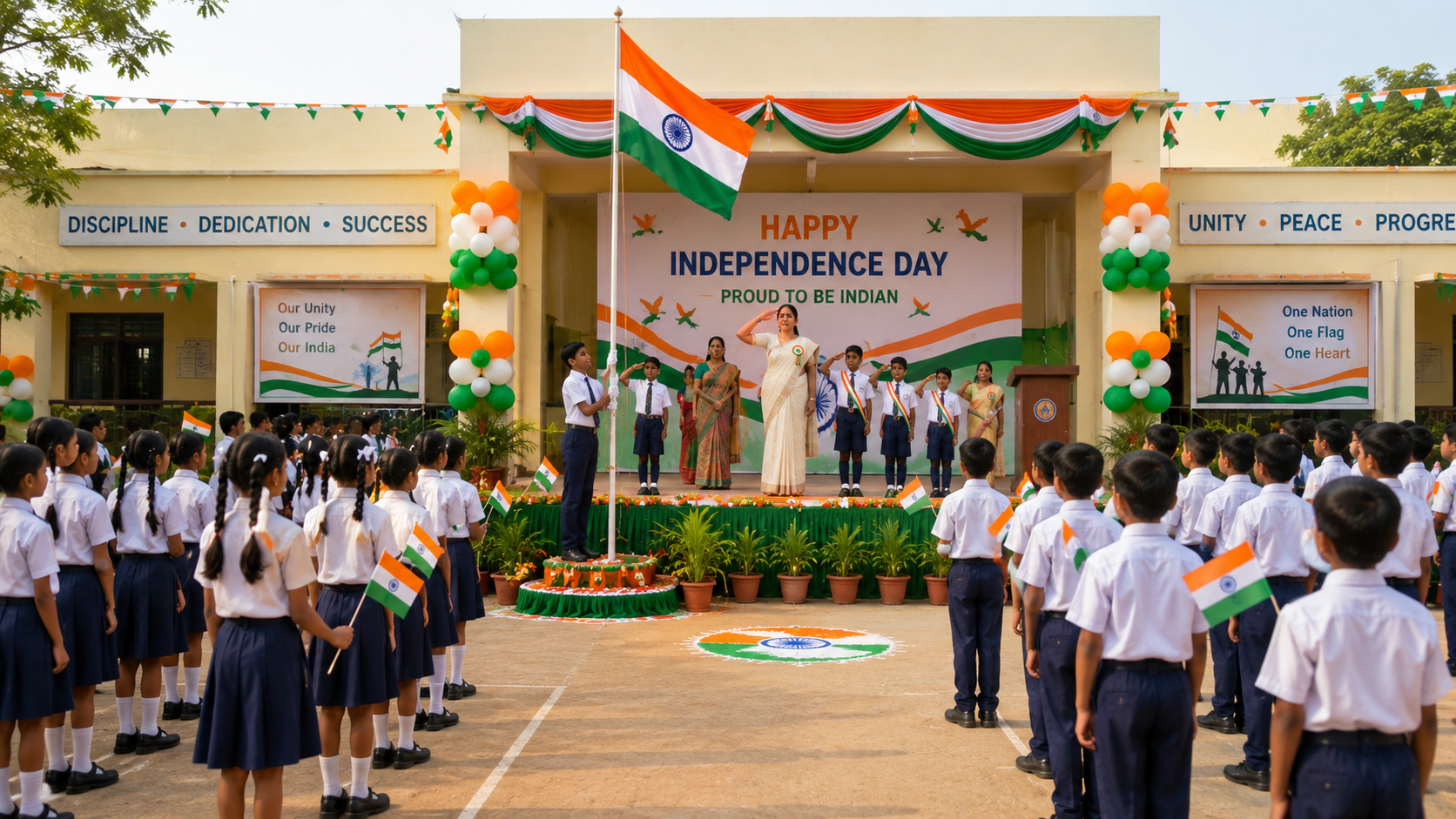 School celebration — flag hoisting, children in uniform, tricolour decorations