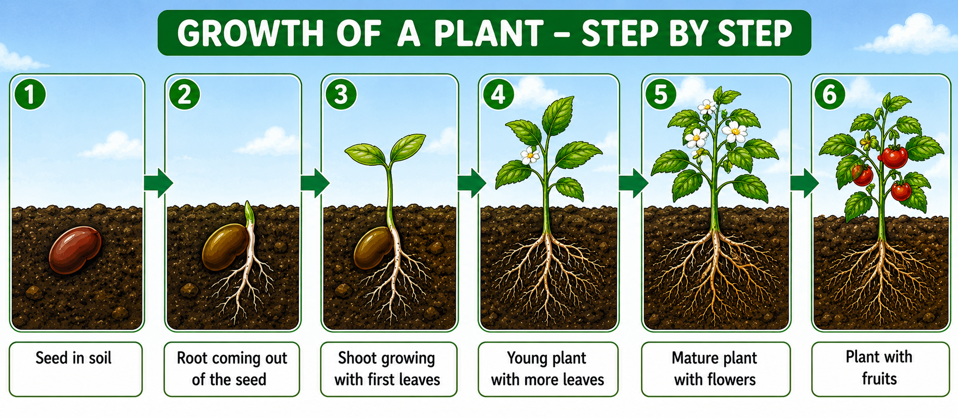 Seed germination steps — seed to mature plant with fruit