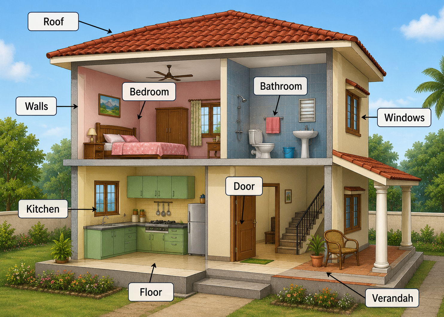 Labelled cutaway diagram of a house showing parts