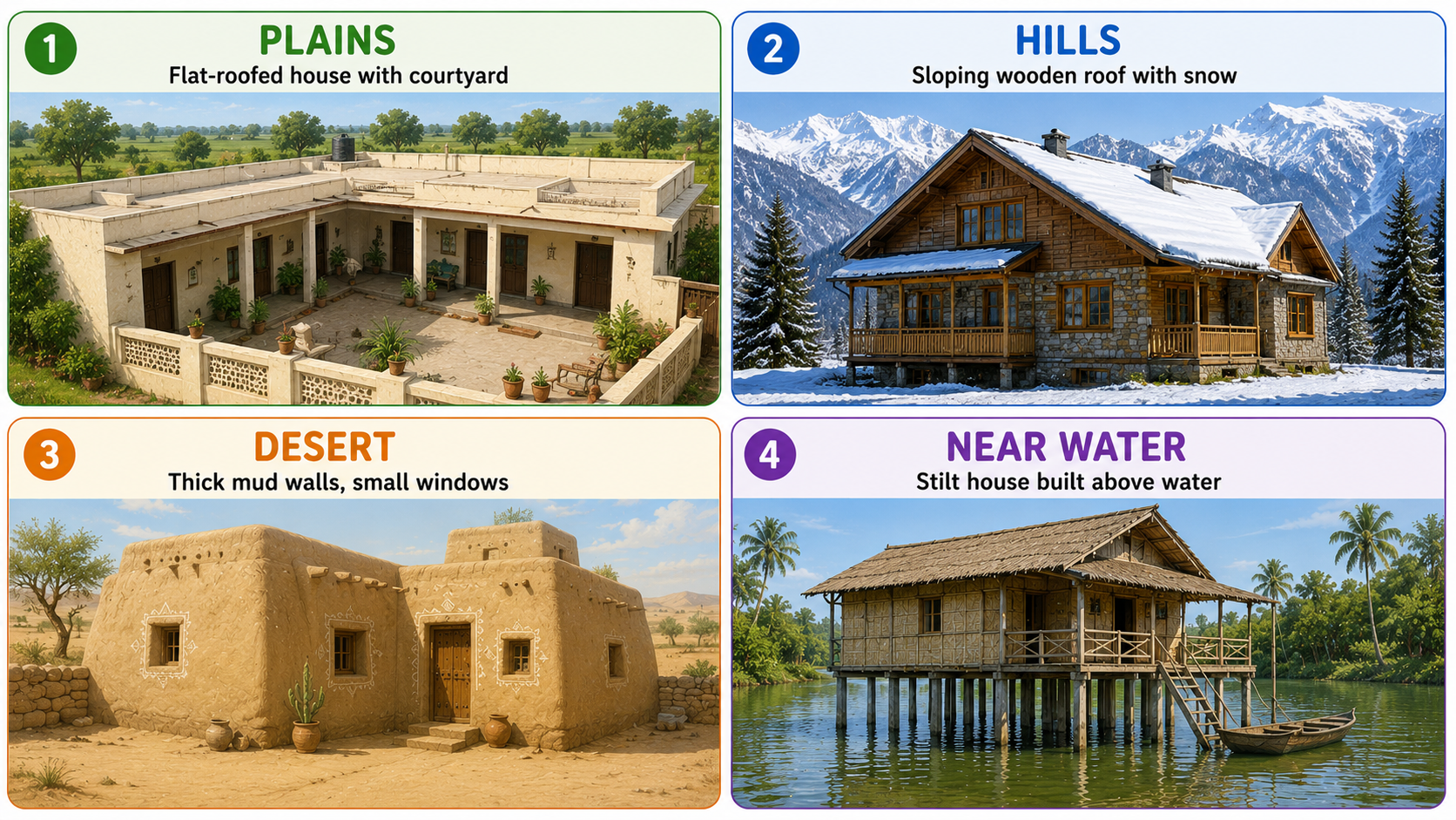 Houses in different places — plains, hills, desert, near water