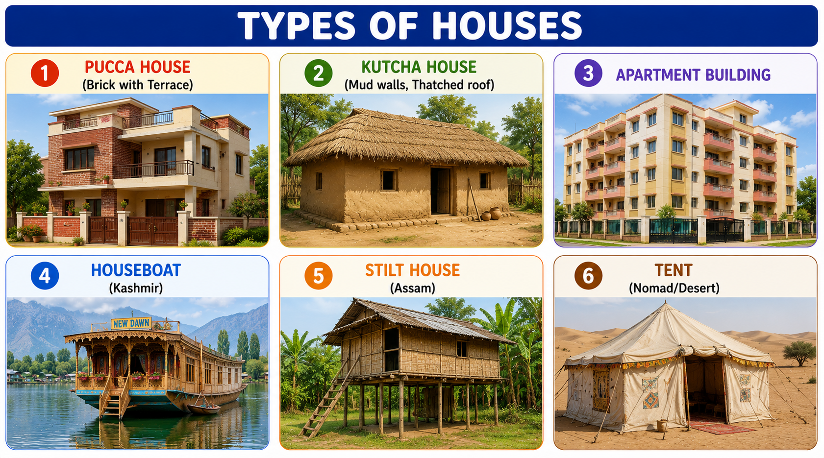 Six types of houses — pucca, kutcha, apartment, houseboat, stilt, tent