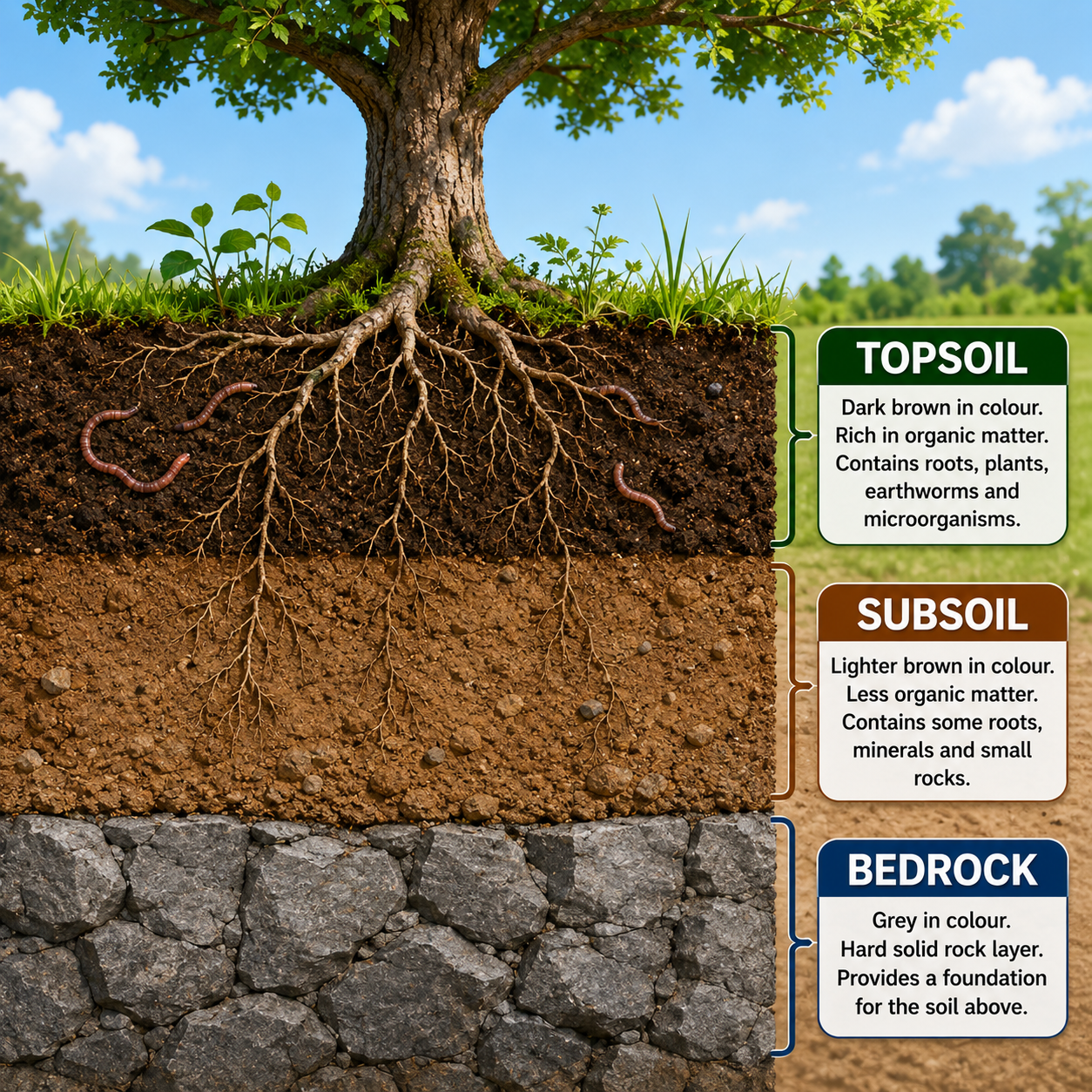 Soil layers cross-section — topsoil, subsoil, bedrock