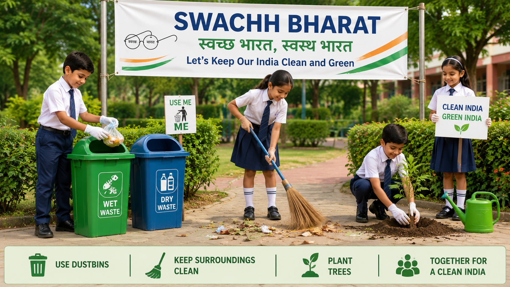 Children in cleanliness drive — dustbin, sweeping, planting tree