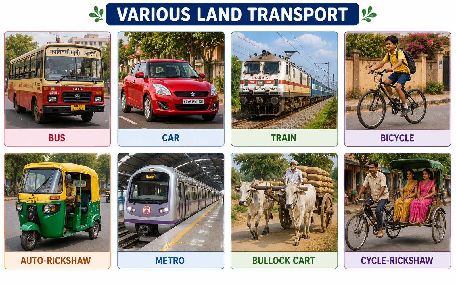 Land transport vehicles — bus, car, train, bicycle, auto-rickshaw, metro, bullock cart