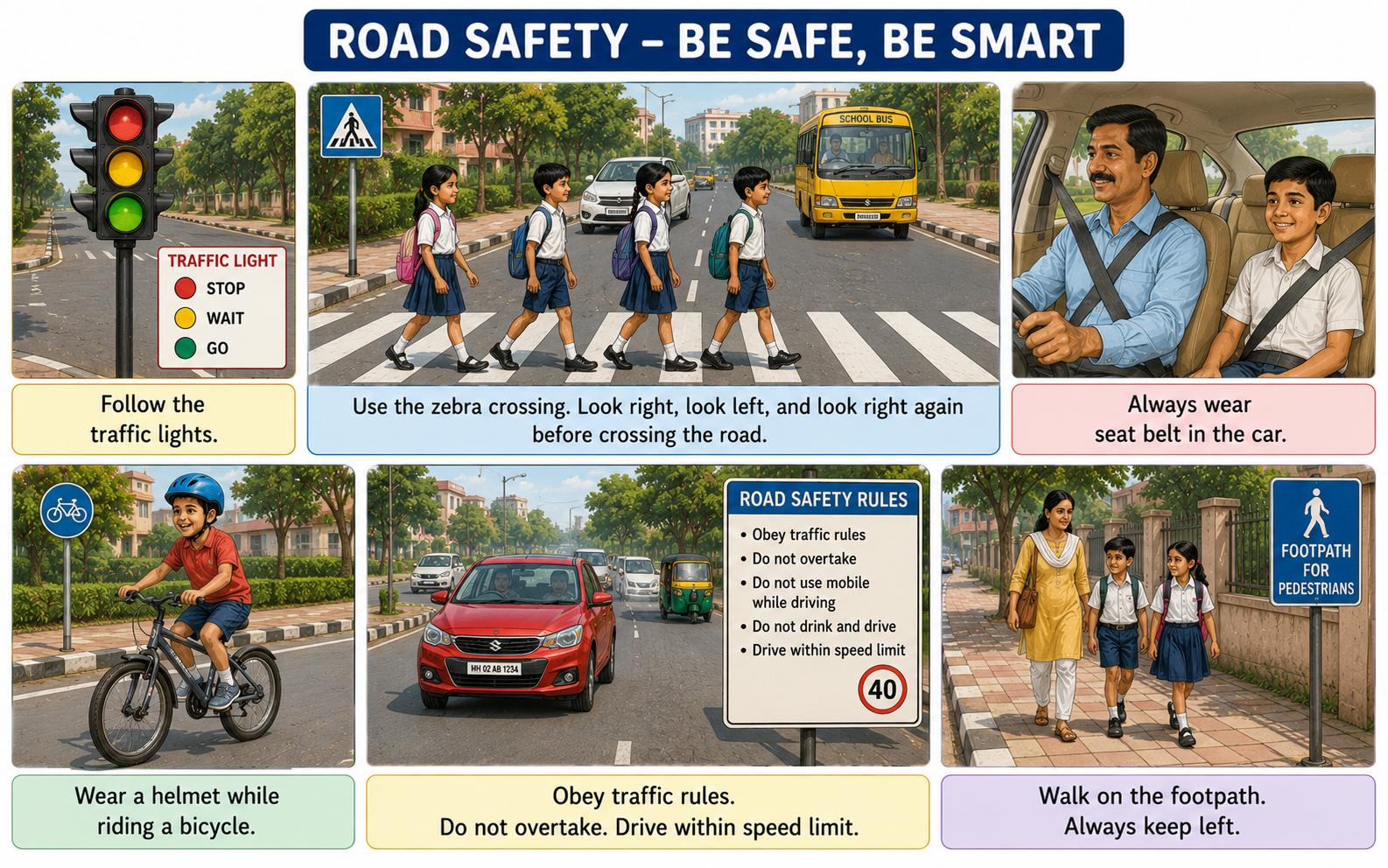 Road safety scene — traffic light, zebra crossing, helmet, seat belt
