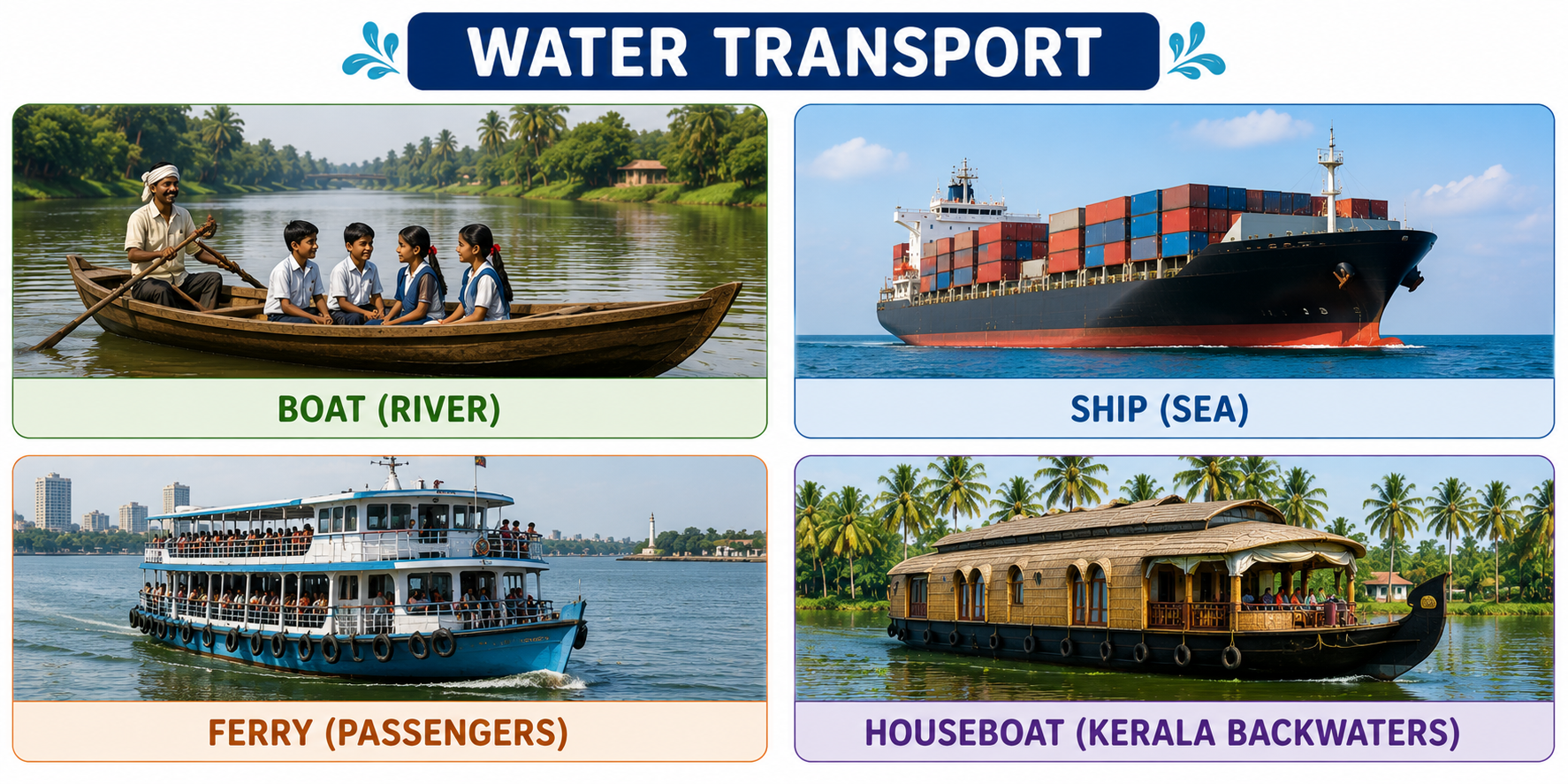 Water transport — boat, ship, ferry, Kerala houseboat