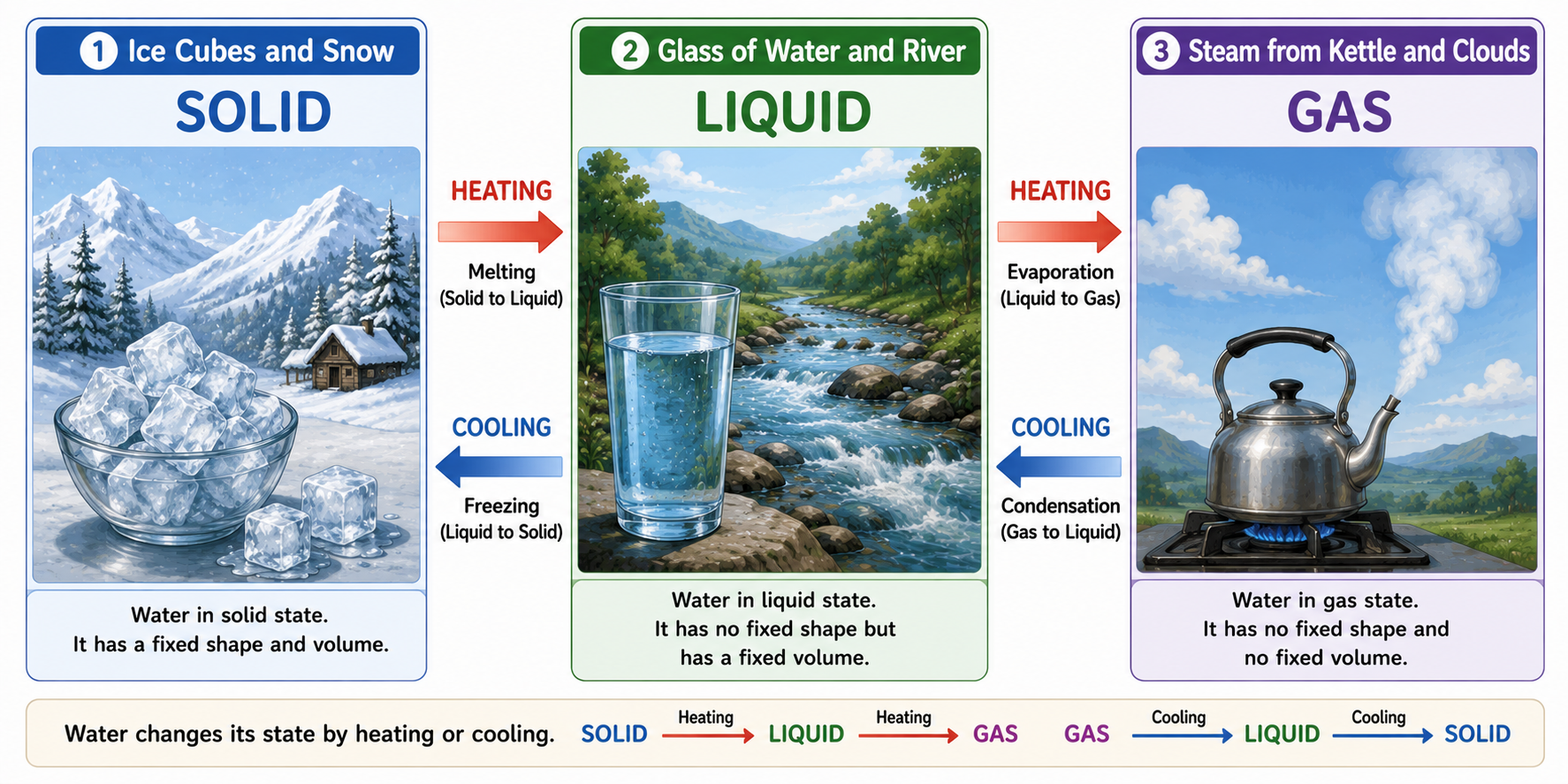 Three states of water — solid (ice), liquid (water), gas (steam)