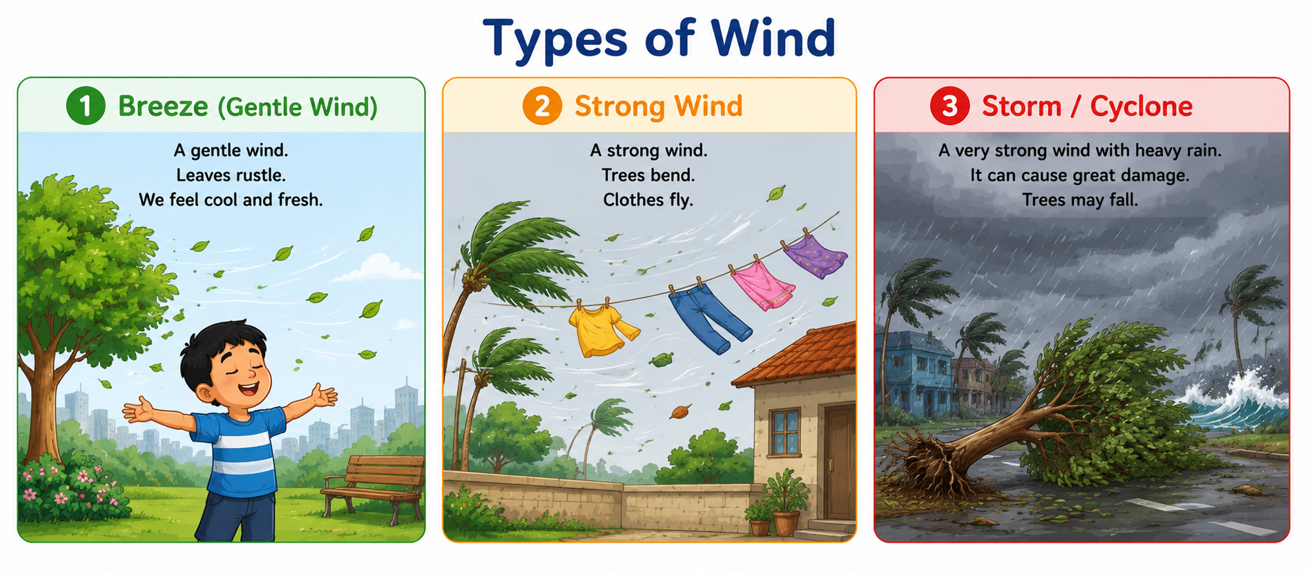 Three types of wind — breeze, strong wind, storm/cyclone
