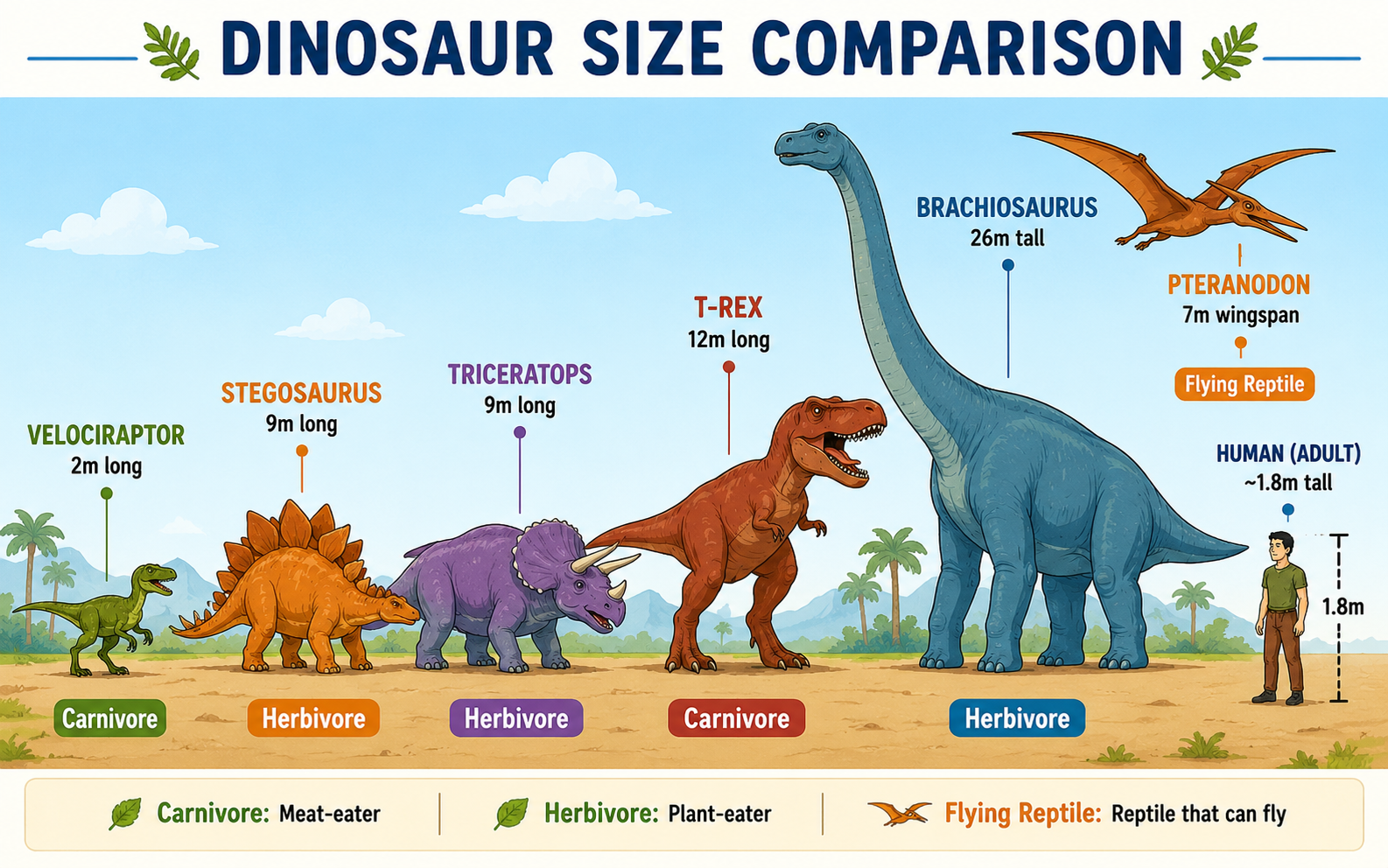 Size comparison of 6 famous dinosaurs with human figure for scale