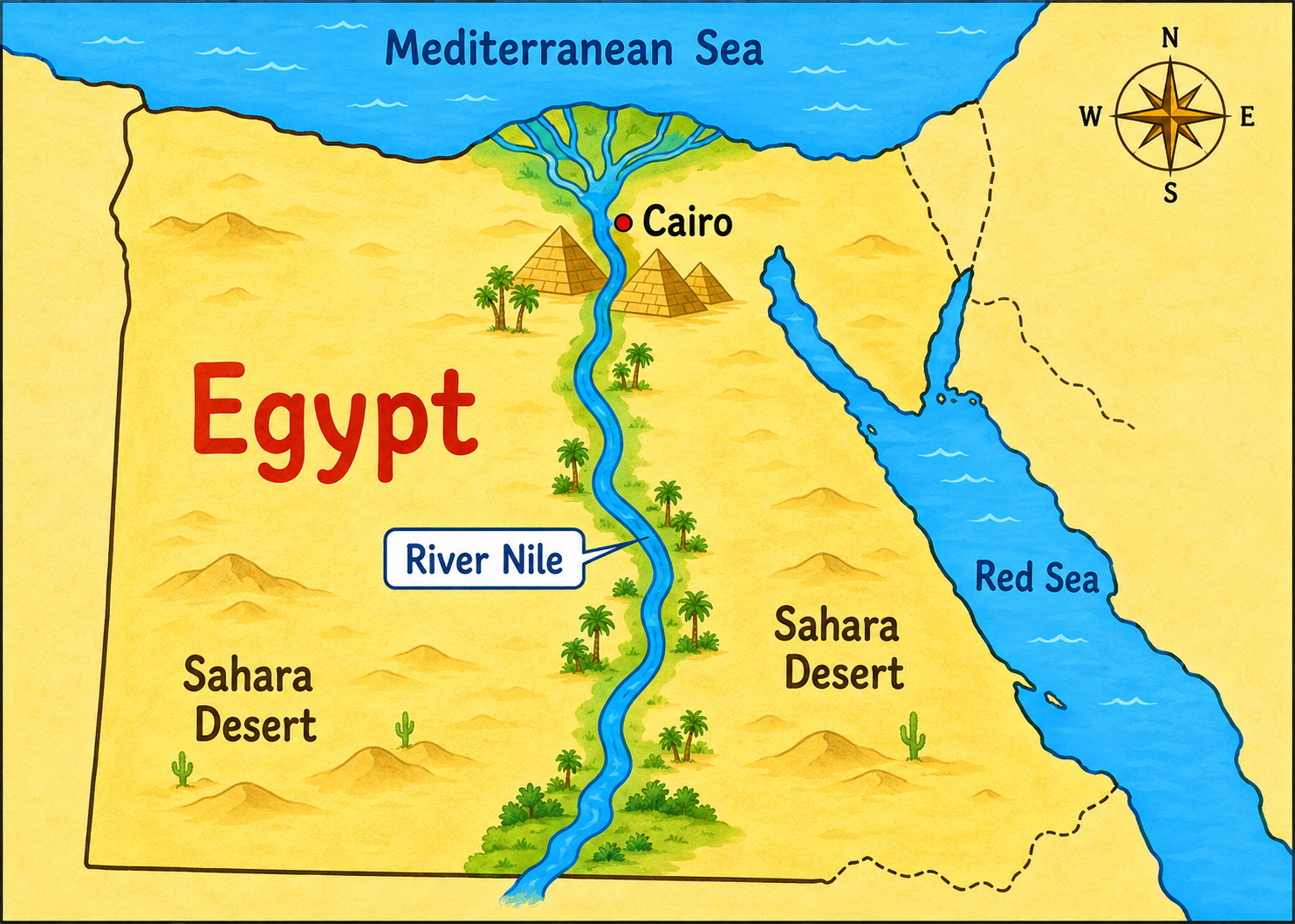 Map of Egypt showing River Nile, Mediterranean Sea, Sahara Desert, and pyramids near Cairo
