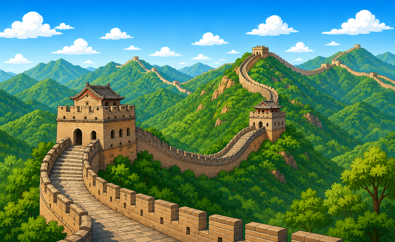 The Great Wall of China stretching across green mountains with watchtowers
