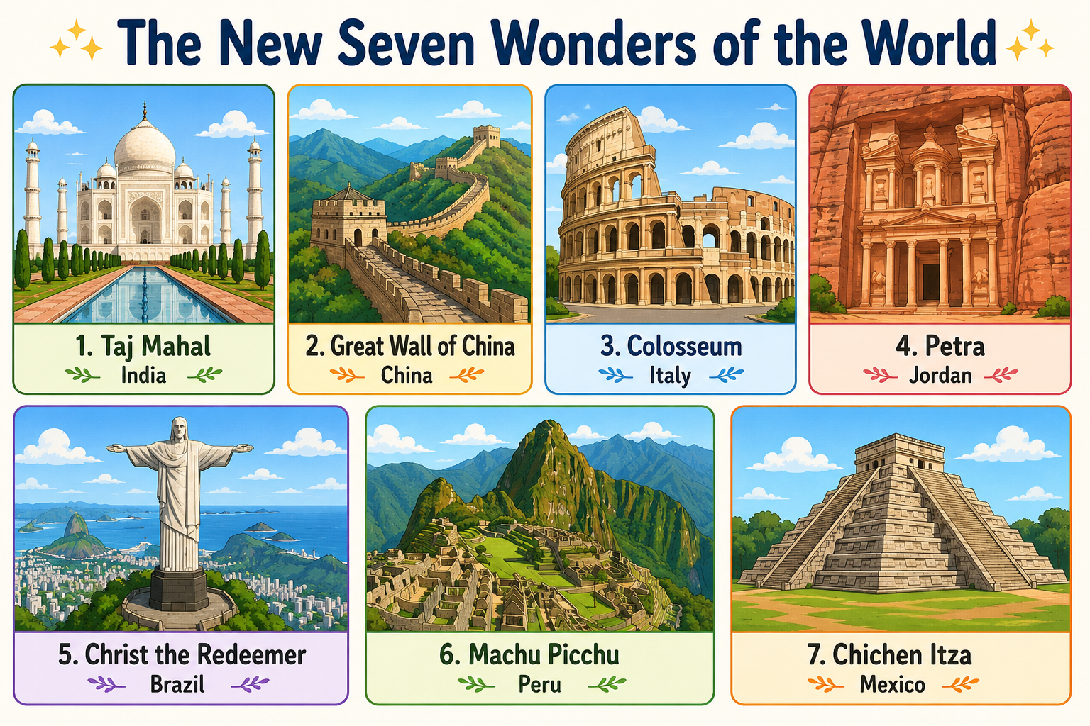 The New Seven Wonders of the World — grid with all 7 wonders labelled