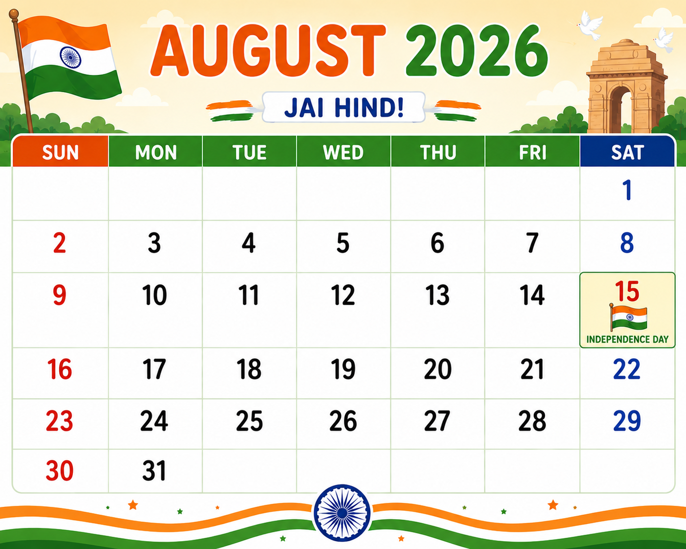 August 2025 calendar with Independence Day marked on 15th