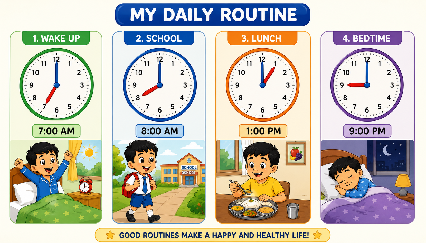 Four clocks showing times for daily routine — wake up, school, lunch, bedtime