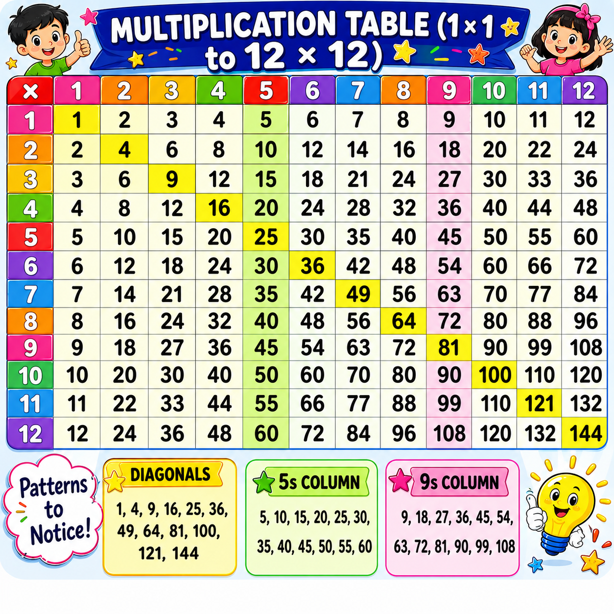 12x12 multiplication table grid showing all products from 1x1 to 12x12